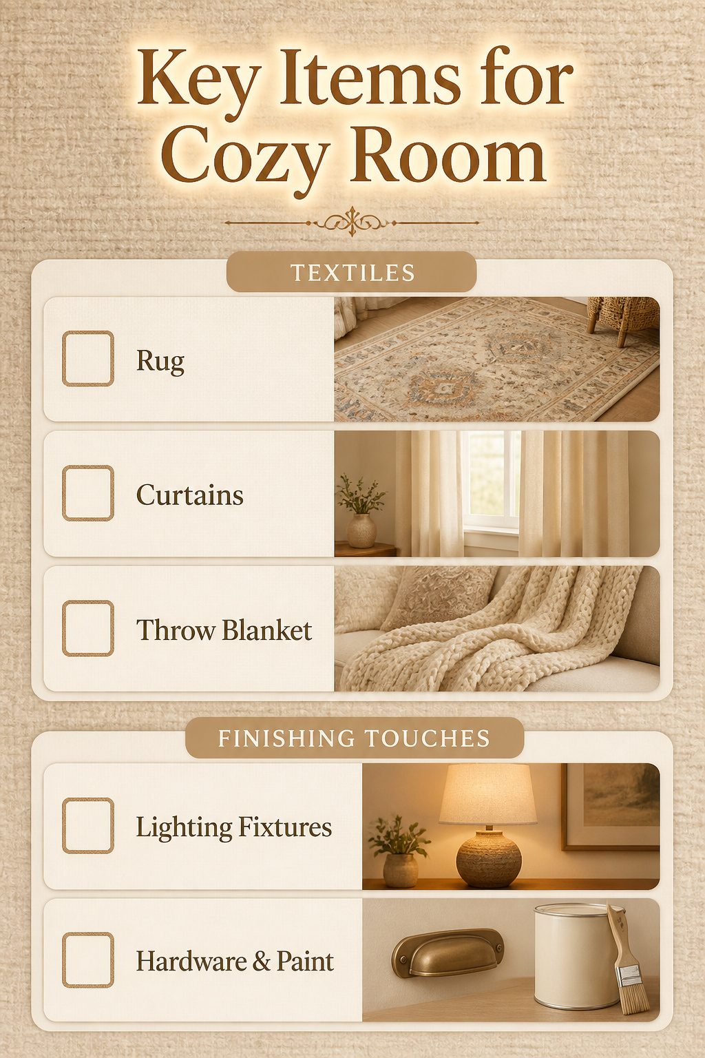 Key items for a cozy room displayed on a table.