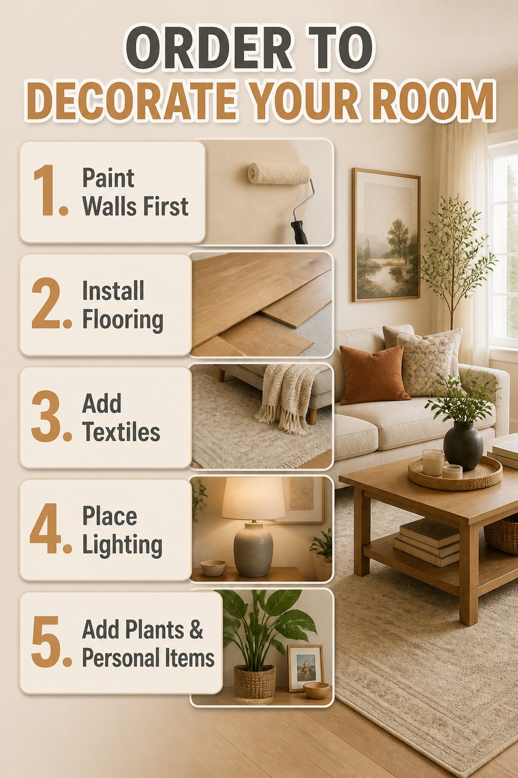 An infographic detailing the order for decorating a room.