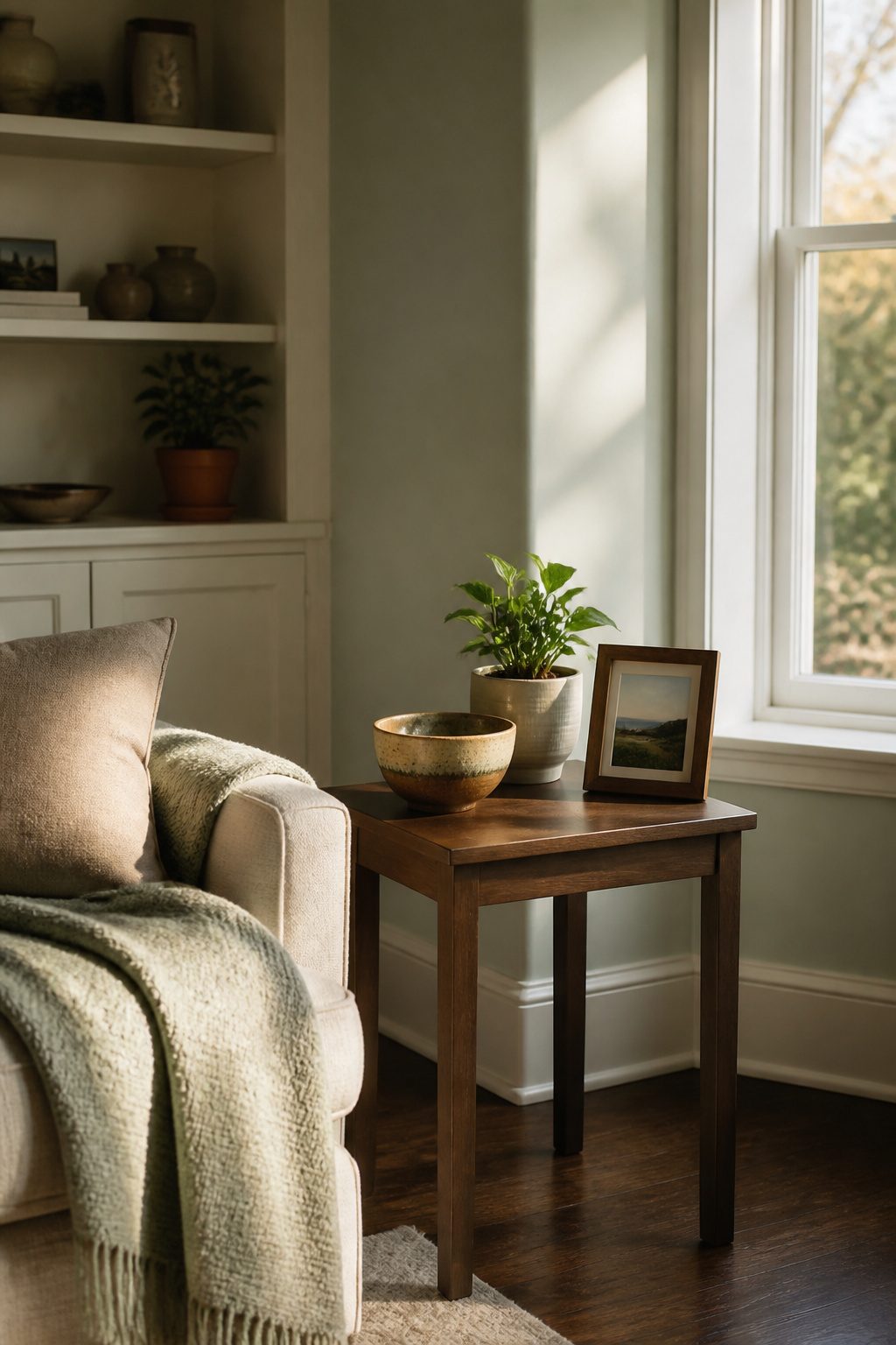 A side table with three decorative items in a cozy room.