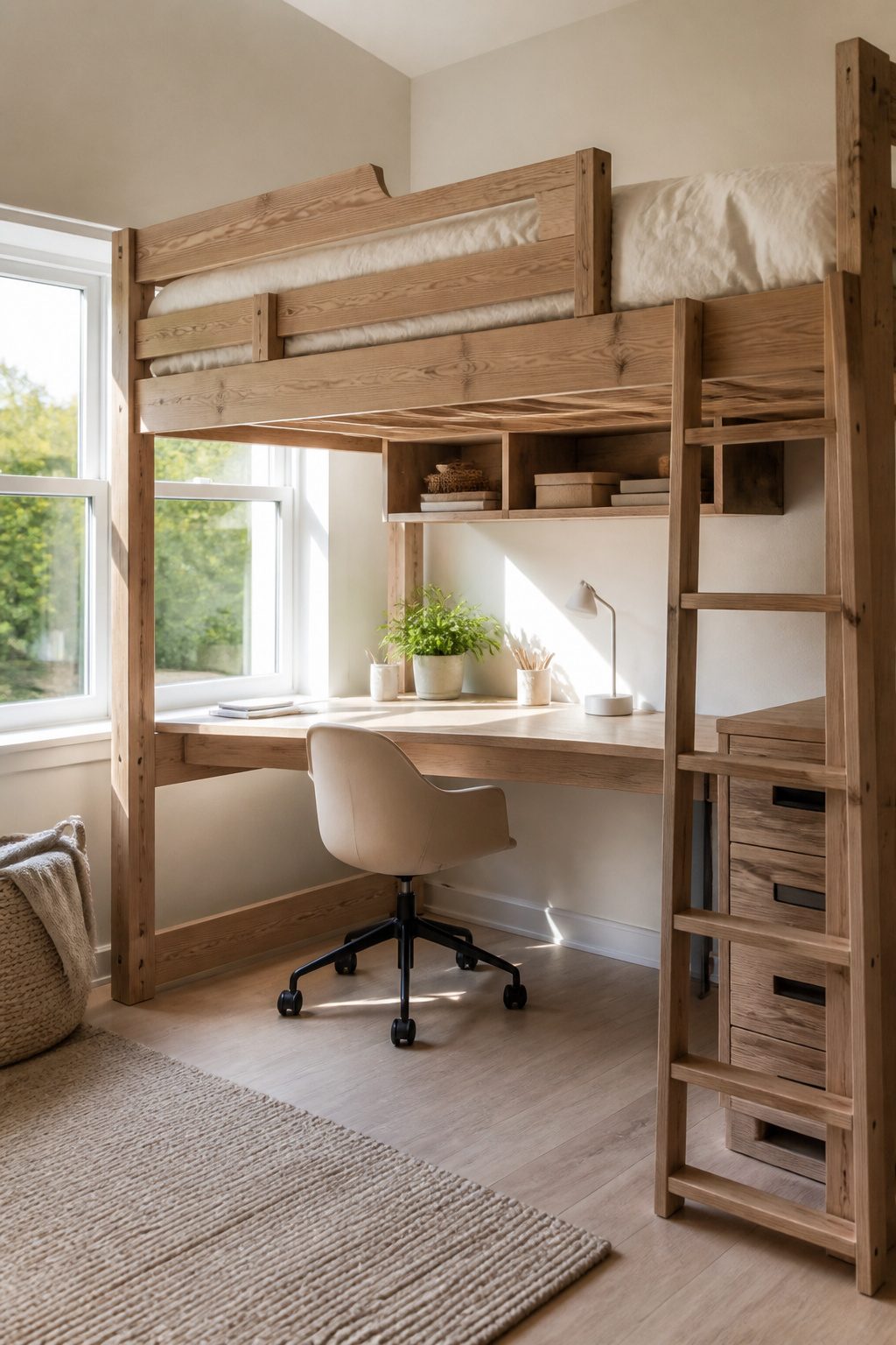 Bunk bed with a desk underneath in a stylish teenager's room.