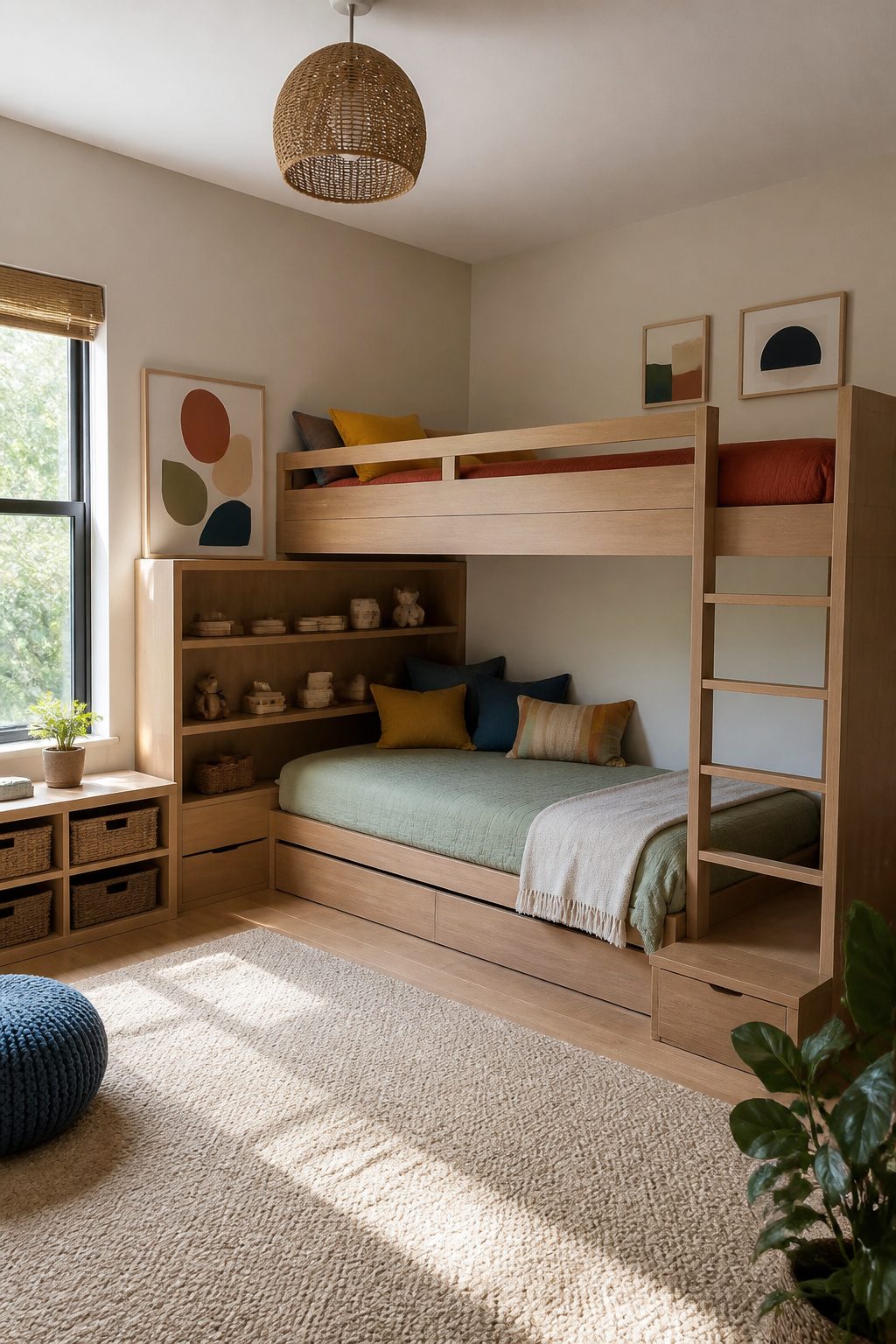 L-shaped bunk bed in a room with a bookcase integrated.