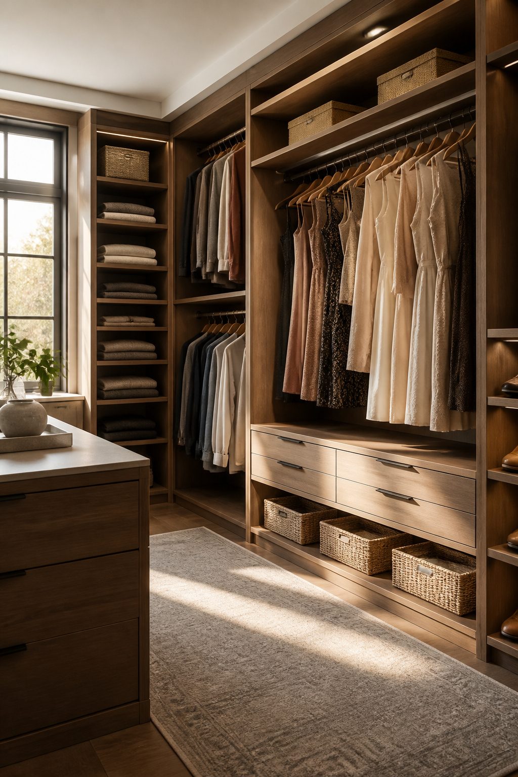 Closet shelves and rods at various heights for different types of clothing.