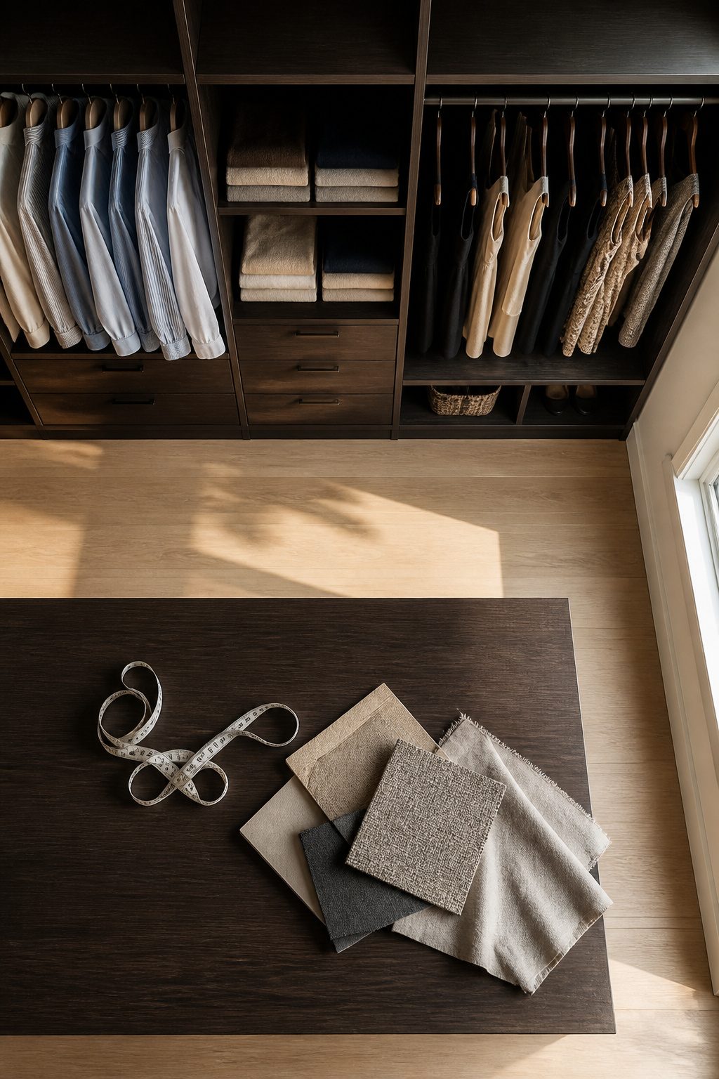 A layout plan for a custom walk-in closet showing various storage areas.