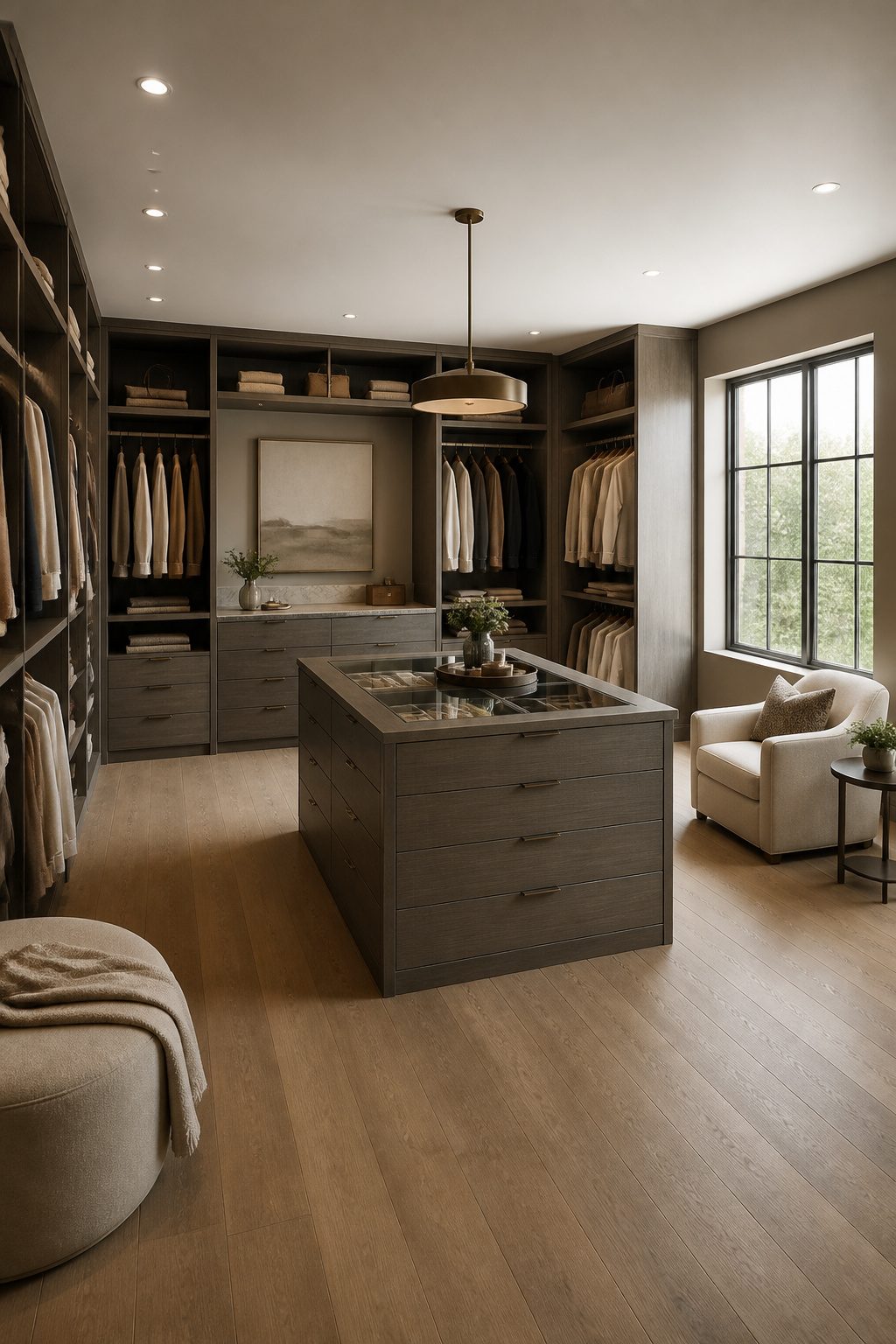 Custom drawers in a closet designed for accessories and clothing storage.