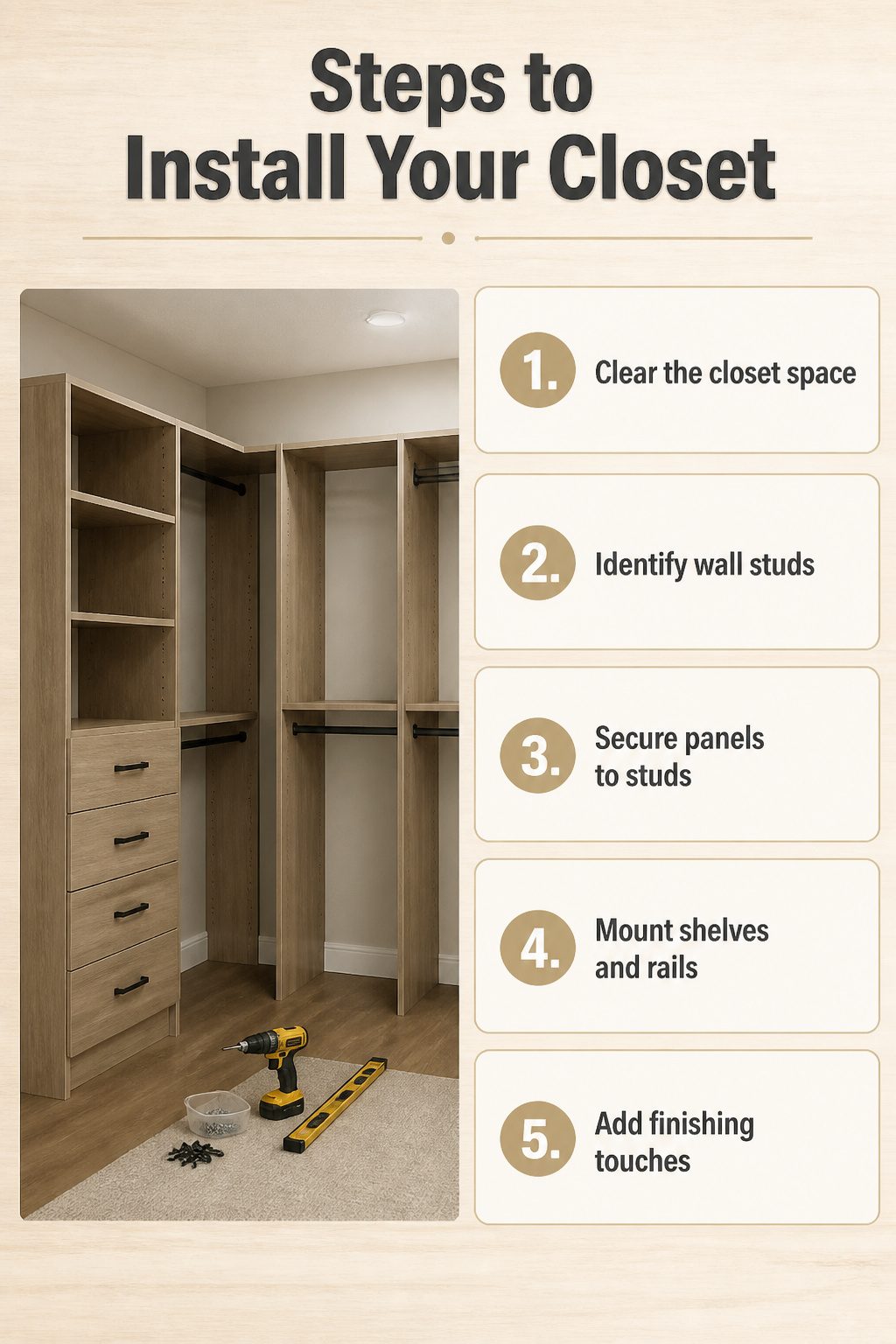 Instructions for installing a closet system with tools and components.