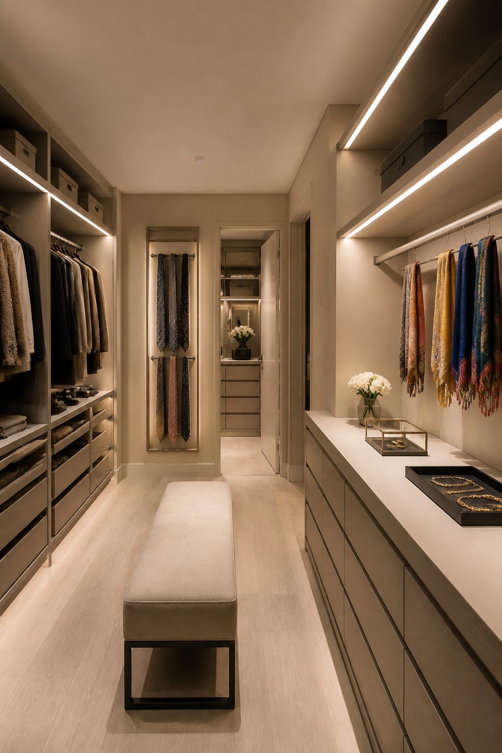 LED lighting and accessories placed in a well-designed walk-in closet.
