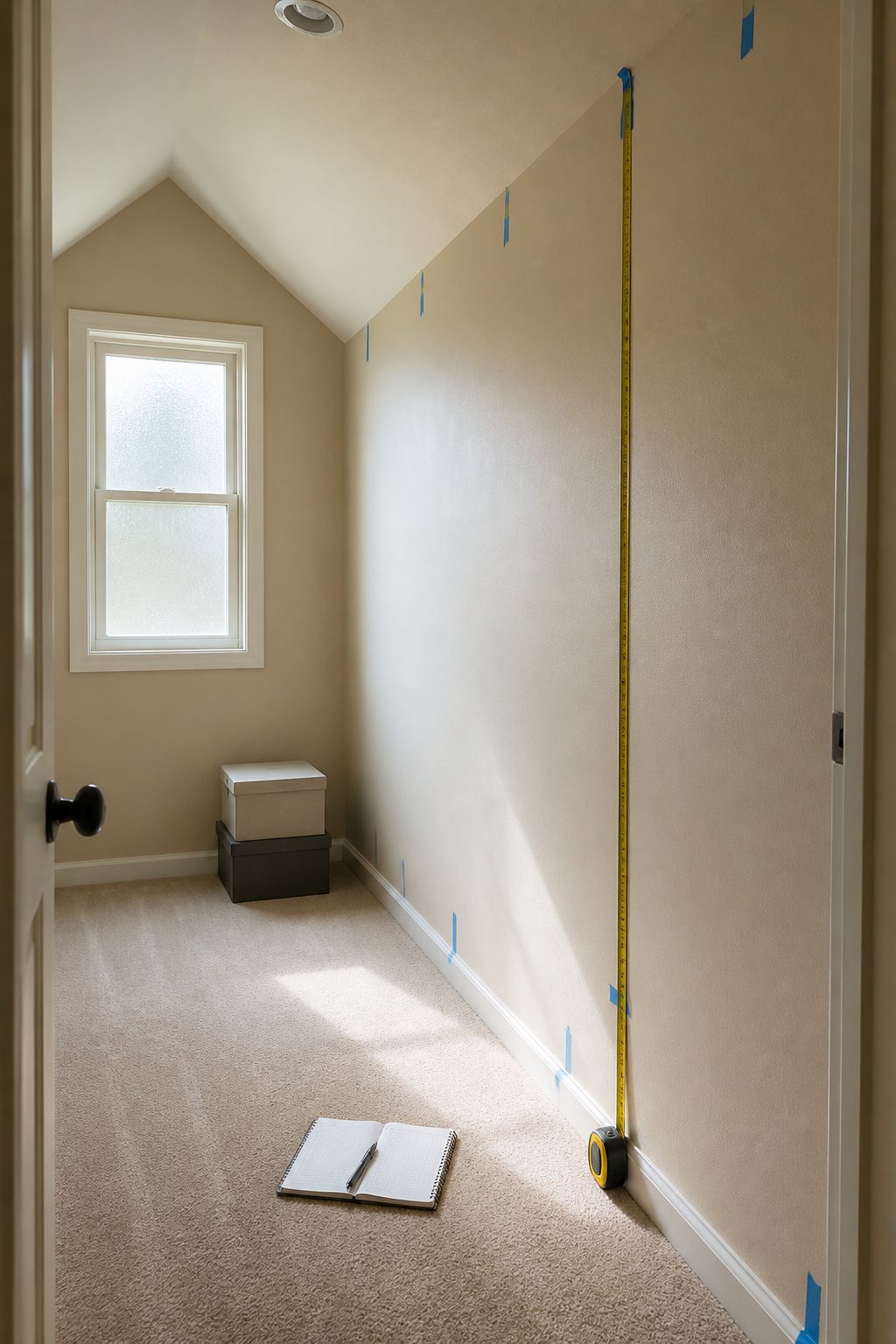 A person measuring the walls of a walk-in closet with painter's tape.