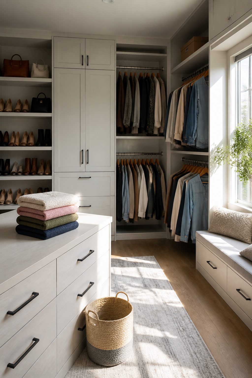 A walk-in closet with neatly arranged shelves and hanging rods.