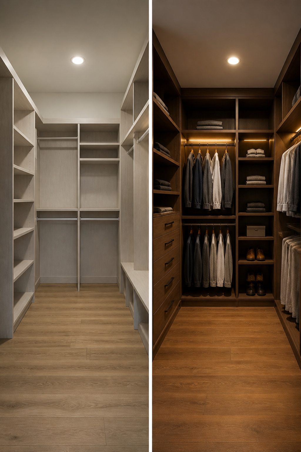 Various wood and MDF materials for custom closet building displayed.