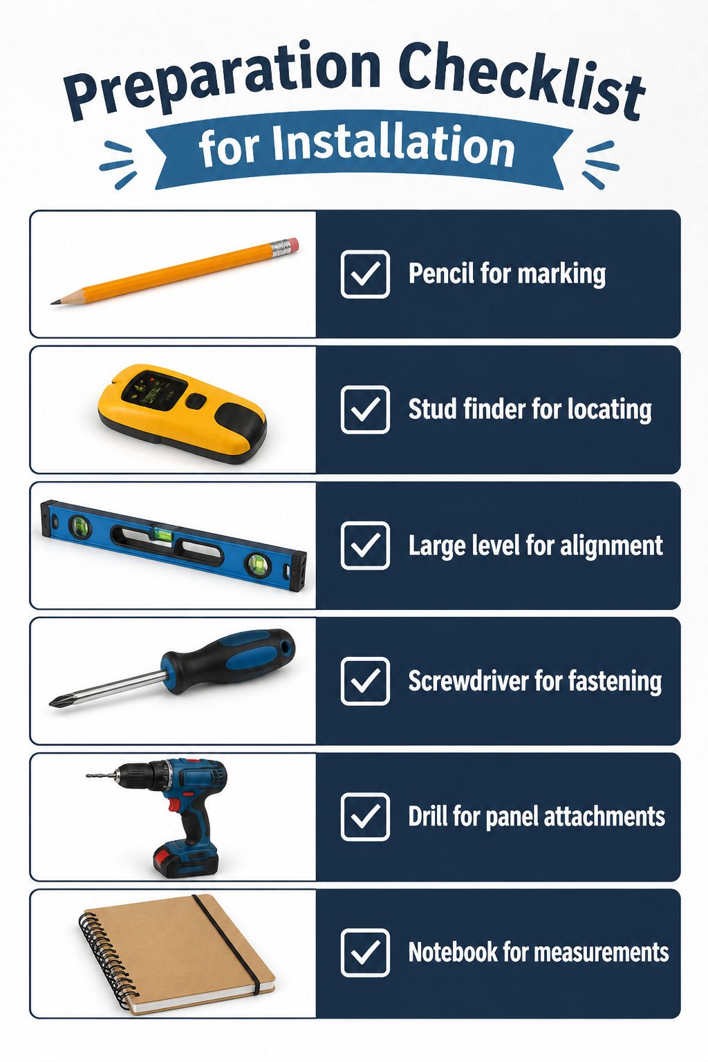 Checklist and tools laid out for closet installation preparation.