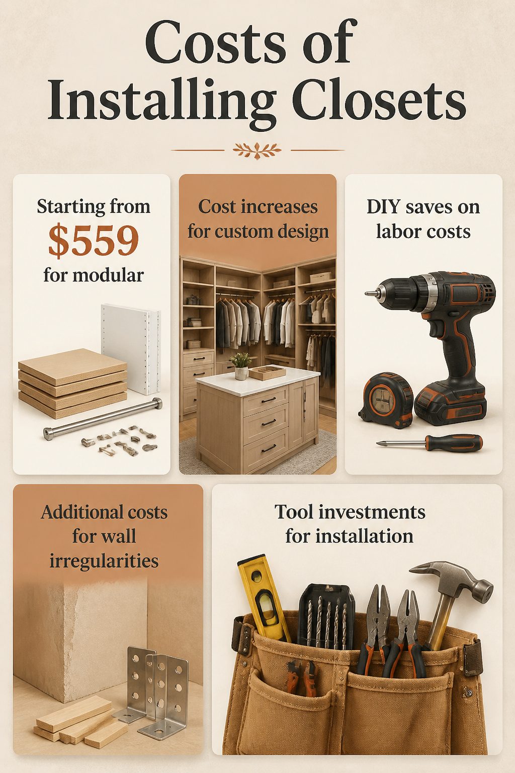 Different costs associated with custom and modular closet installations.