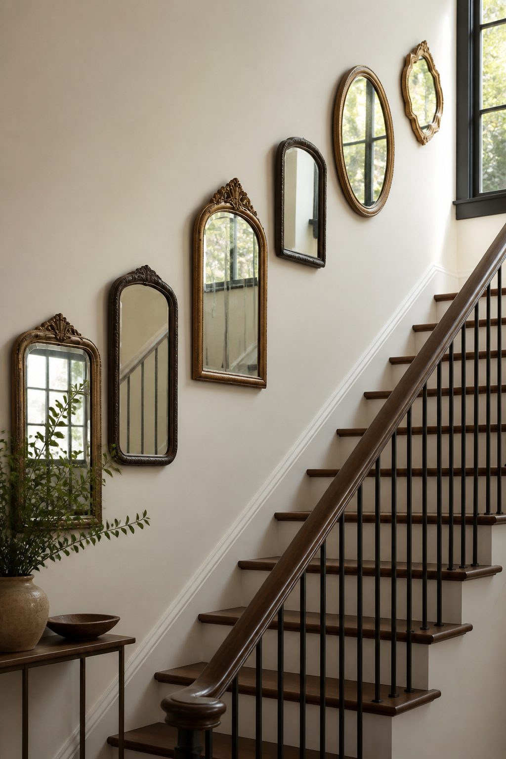 A collection of vintage mirrors hung in a staggered pattern on a stair wall.