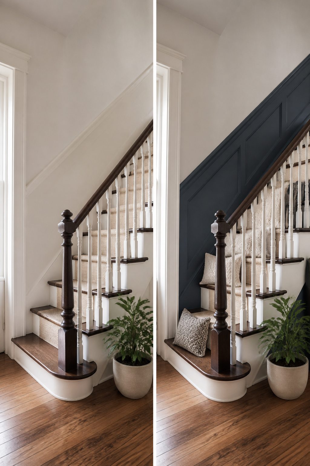 Two-tone wainscoting with navy below and white above on a stair wall.