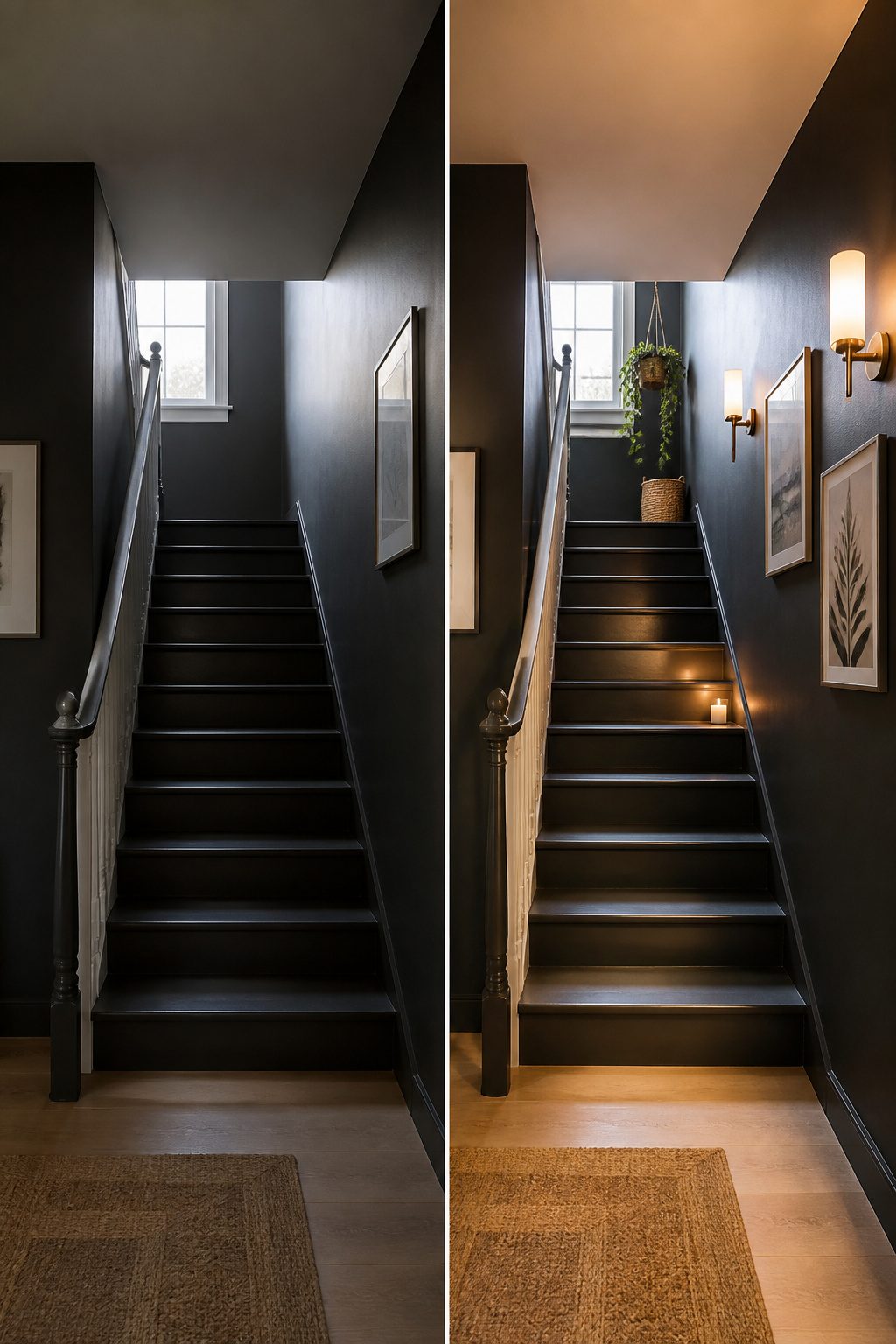 A stair wall painted in dark charcoal, contrasting with light fixtures.