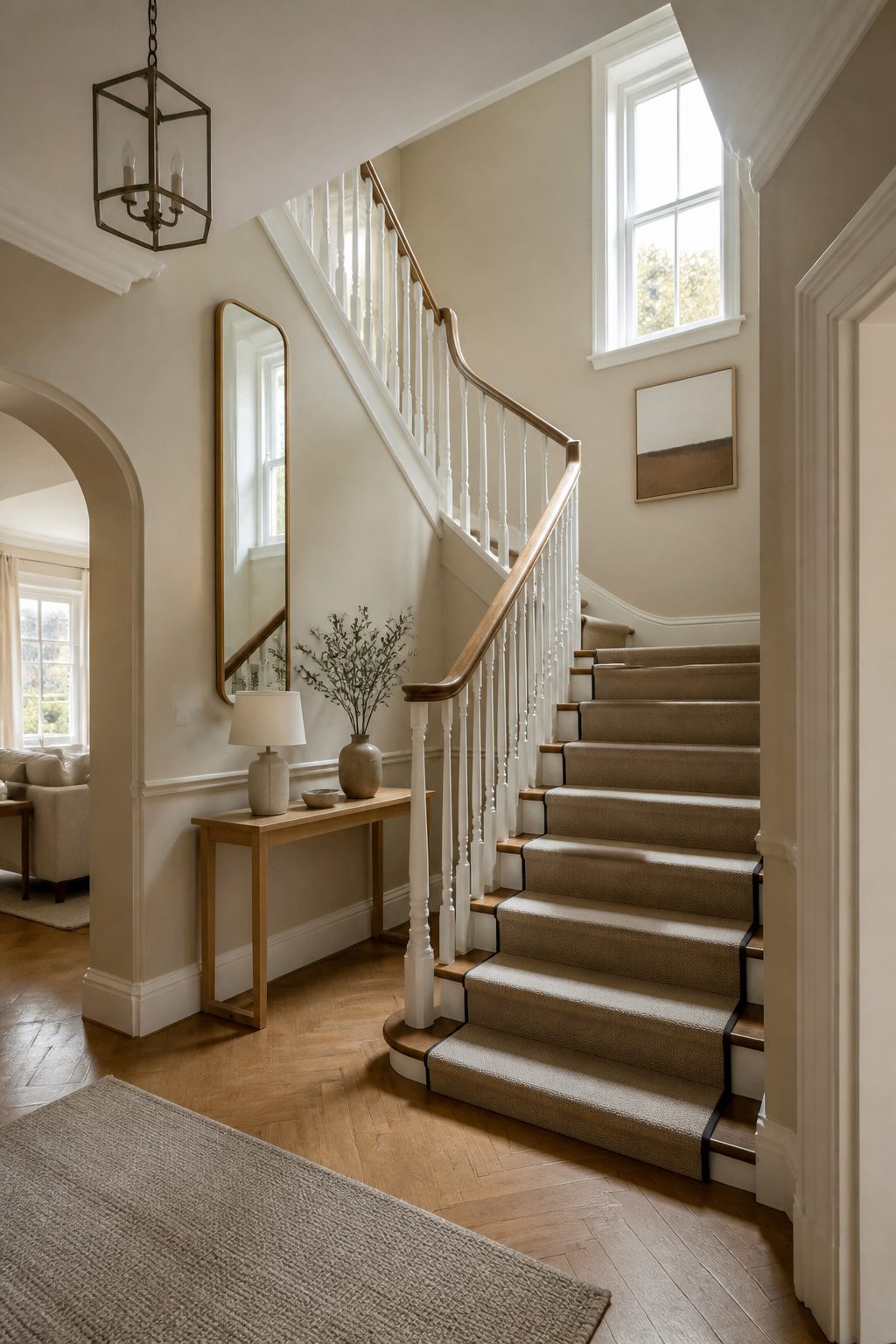 A mirror positioned on a stair wall, reflecting light and surroundings.