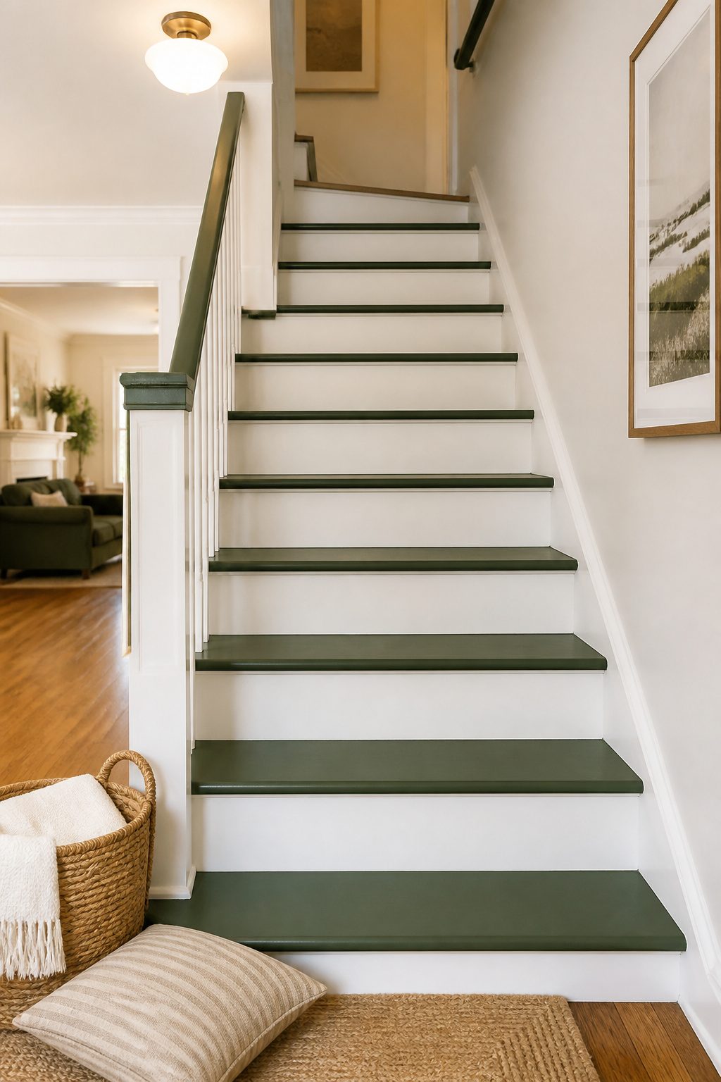 Stair treads painted Raleigh Green, contrasting with white risers.