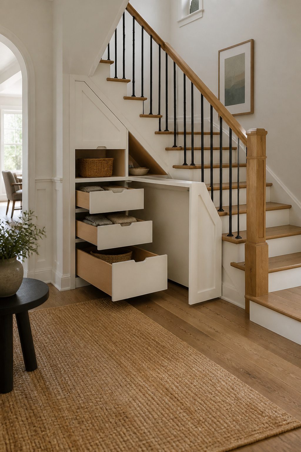 Shallow pull-out drawers and a vacuum bay under a staircase.