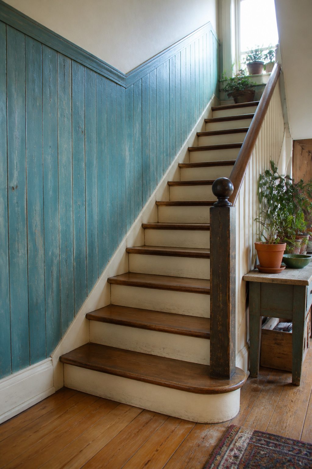 Home 10 Turquoise beadboard wainscoting with uneven edges and soft hues in a stairwell.