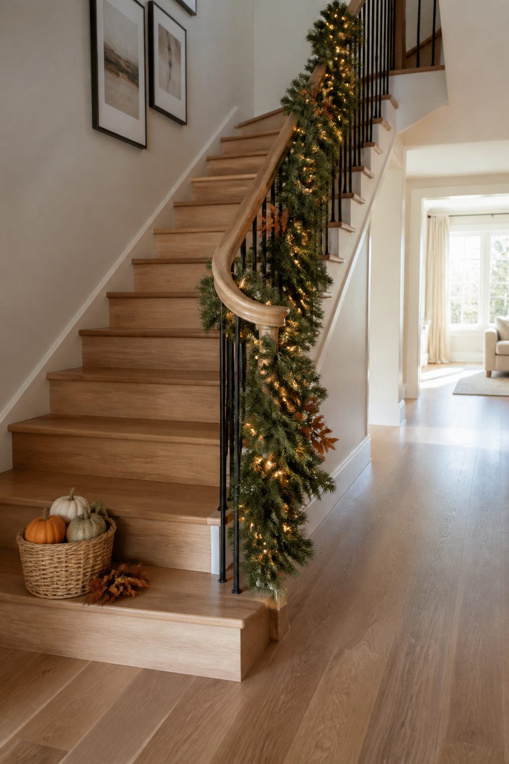 A staircase decorated with a garland and seasonal pumpkins.
