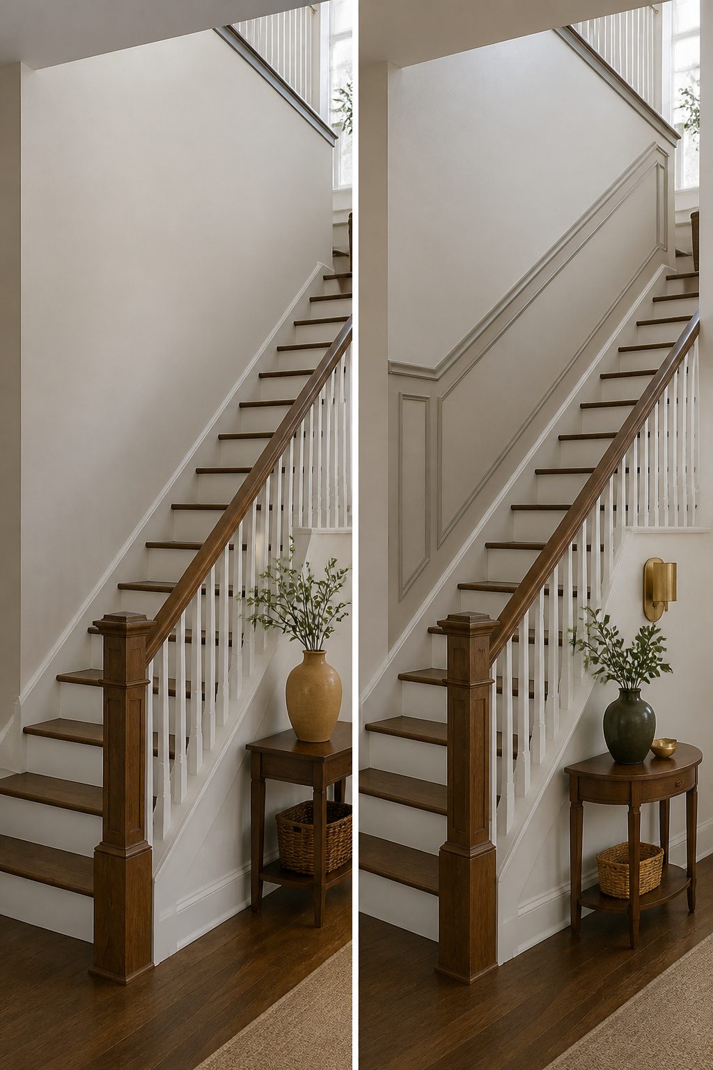 A stair wall painted with trompe l'oeil to mimic panel molding.