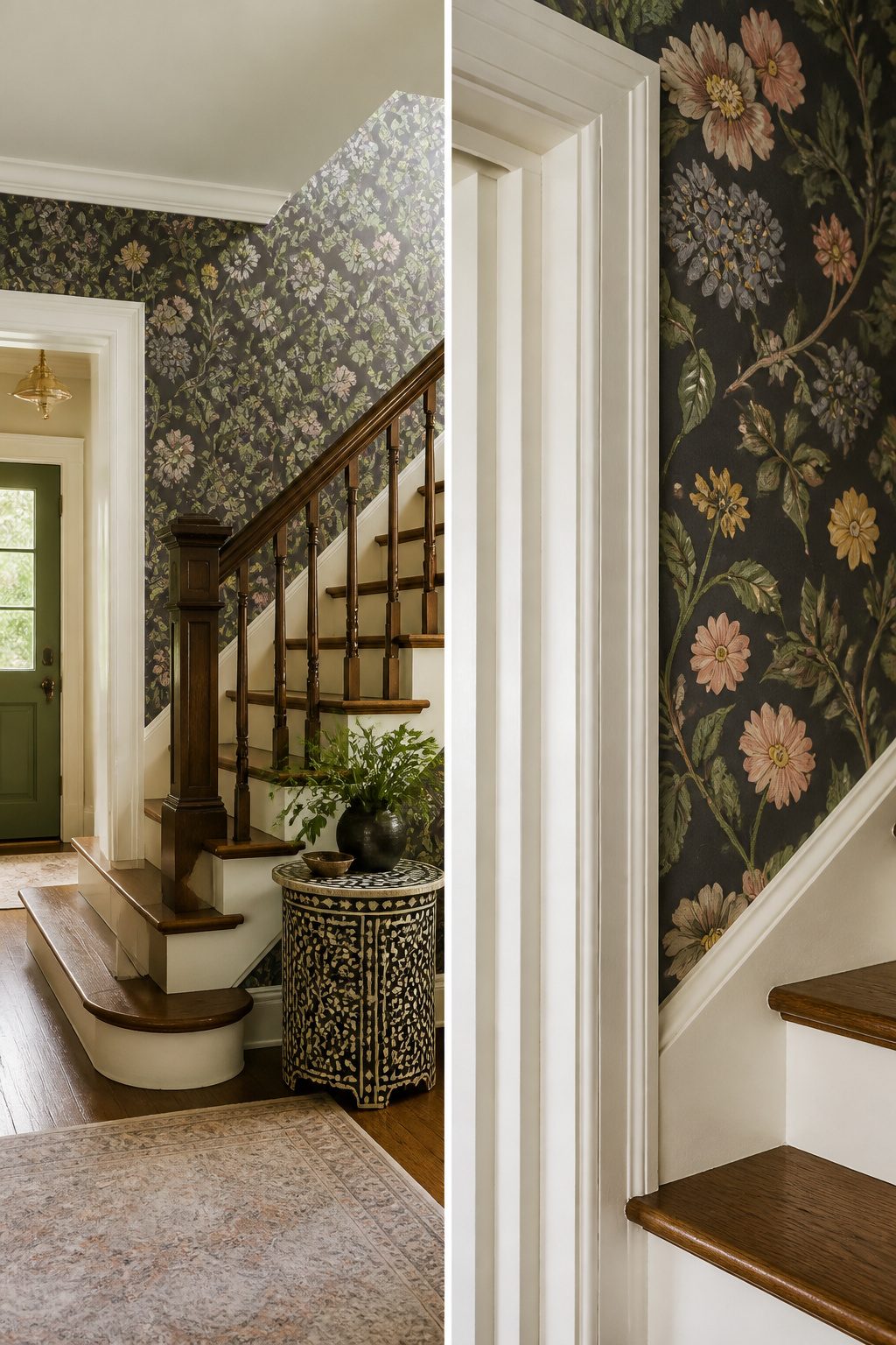 Wallpaper extending from the foyer up the stair wall, aligned with the door frame.