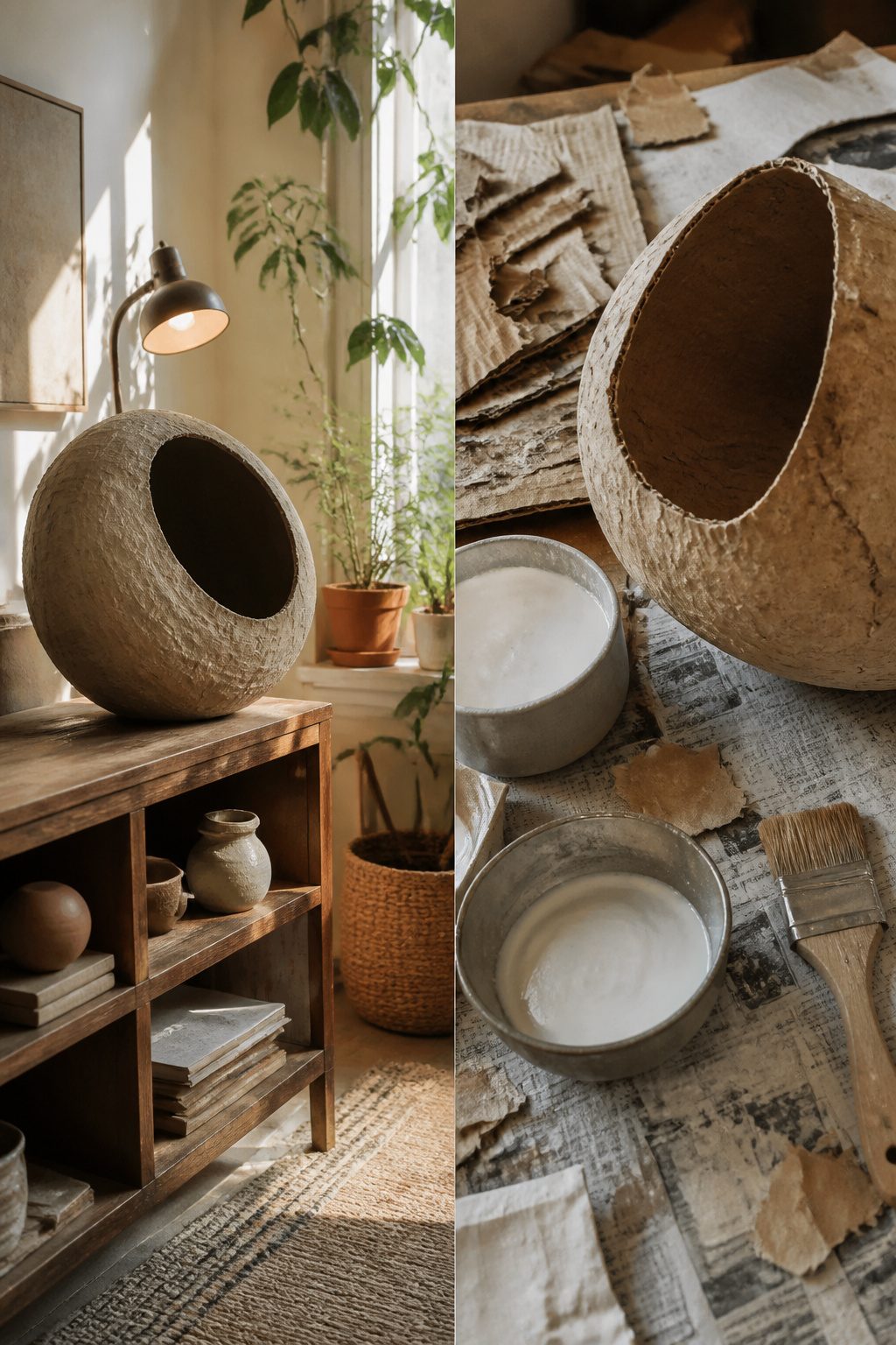 A bowl made of cardboard papier mache.