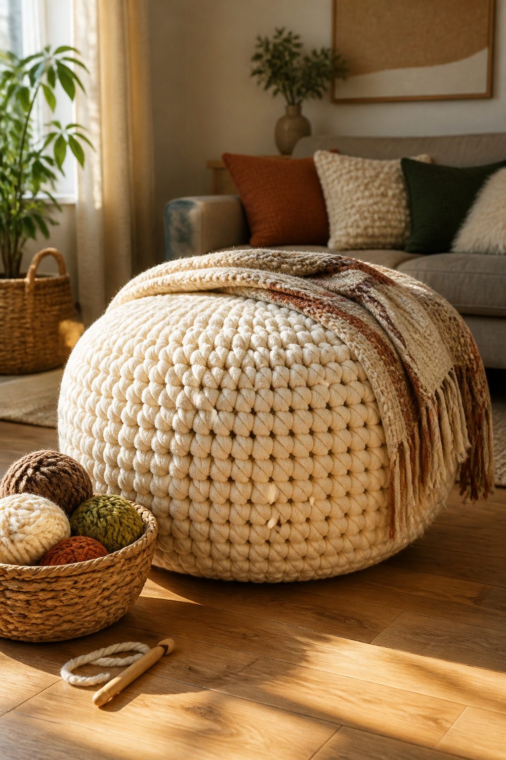 A colorful crocheted pouf on a floor.