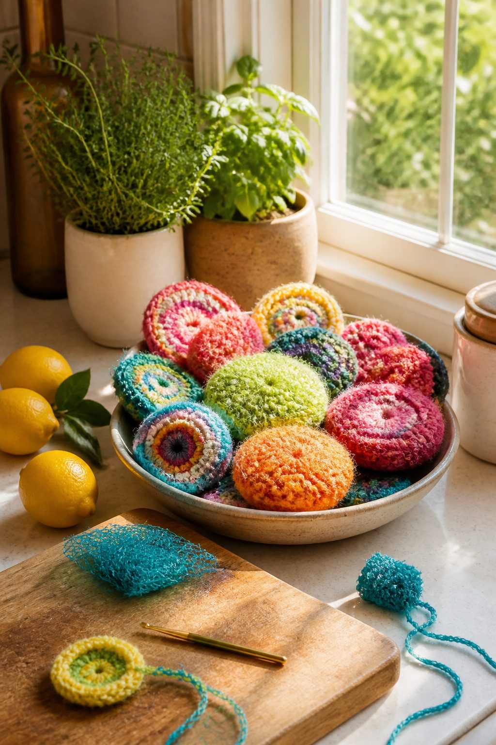 Colorful crocheted scrubbies in a dish on a windowsill.