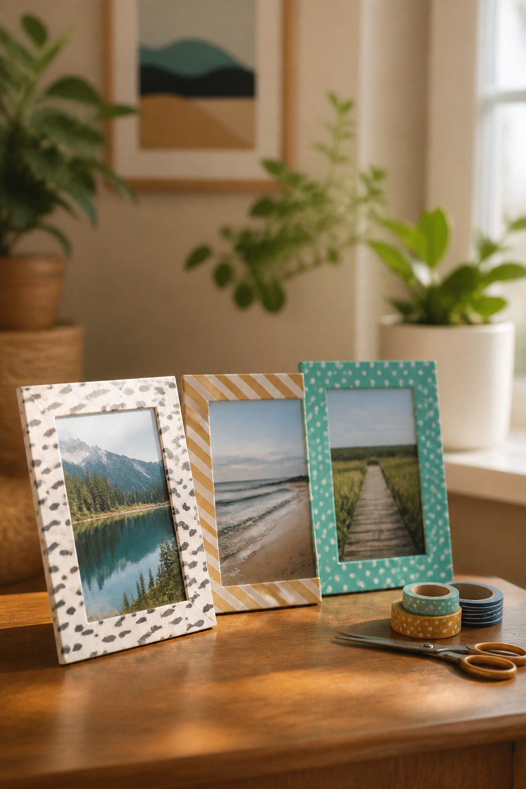 Photo frames made of foam board on a table.