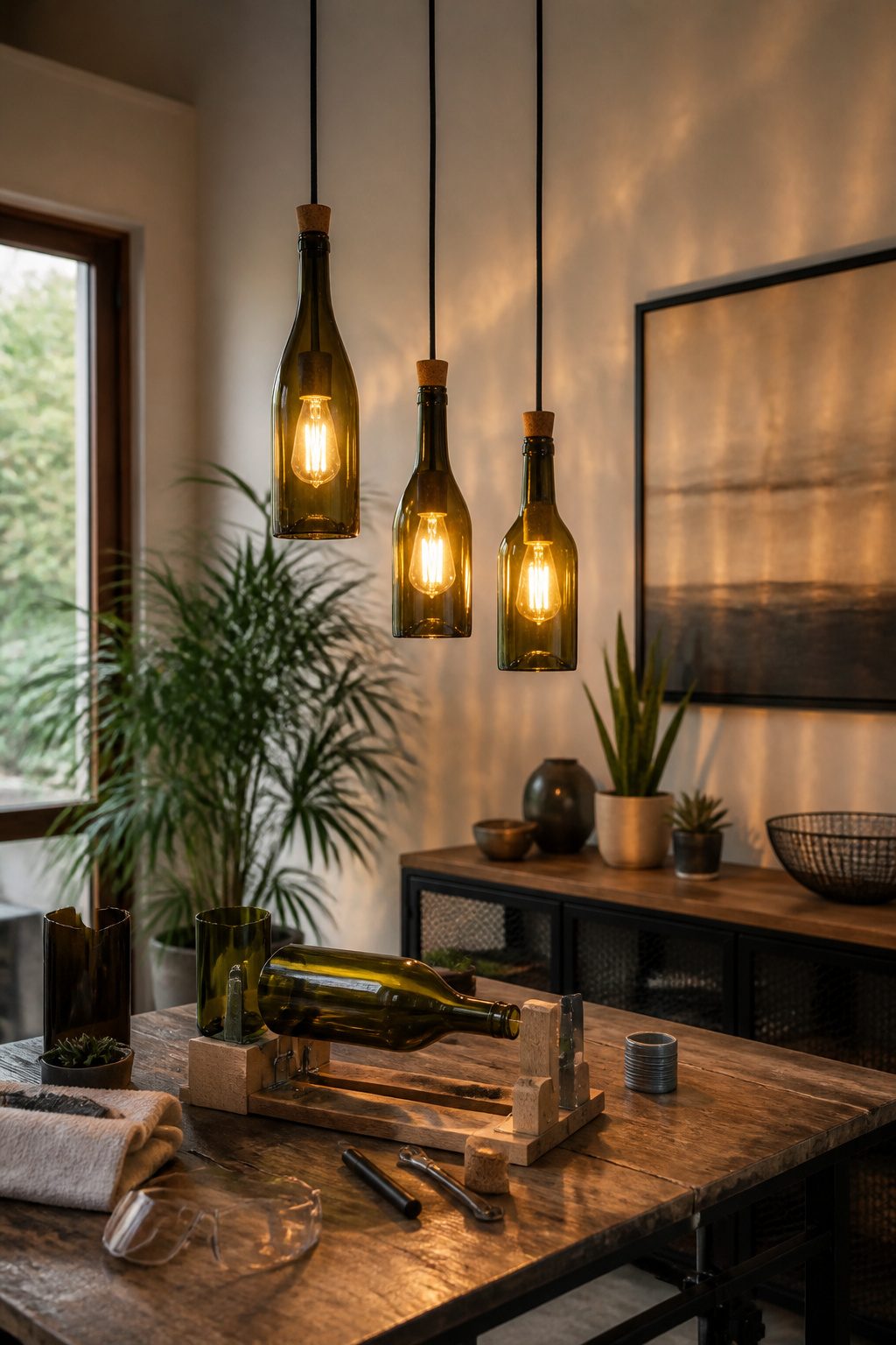 A pendant light made from a cut glass bottle.
