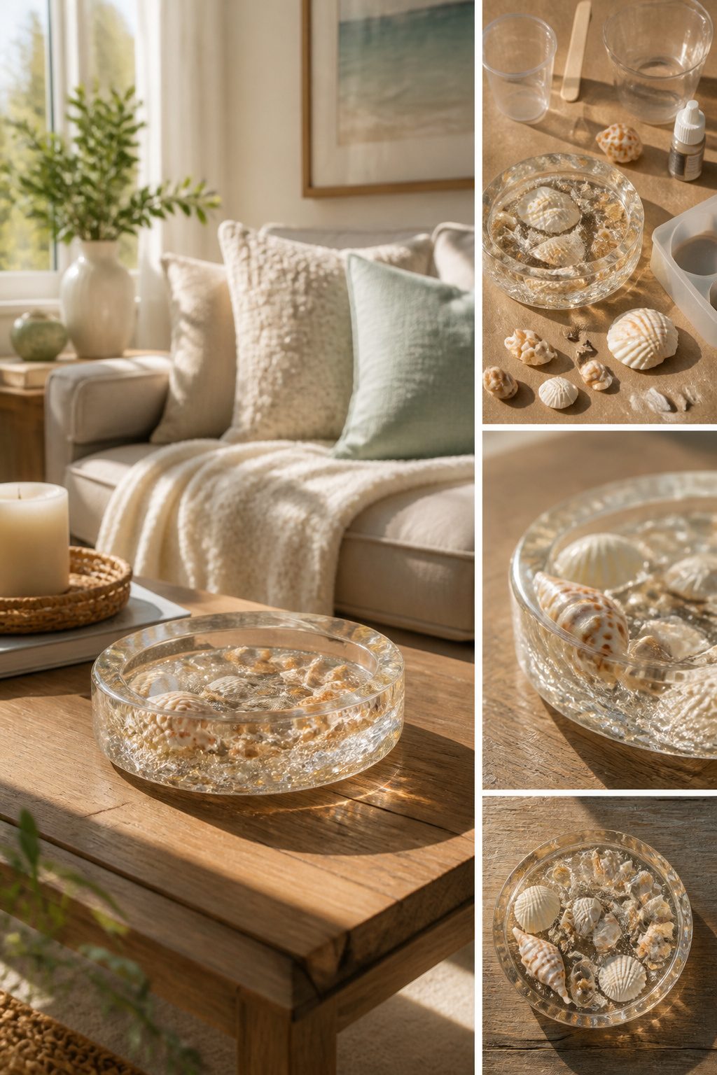 A candle dish made with beach shells and resin.