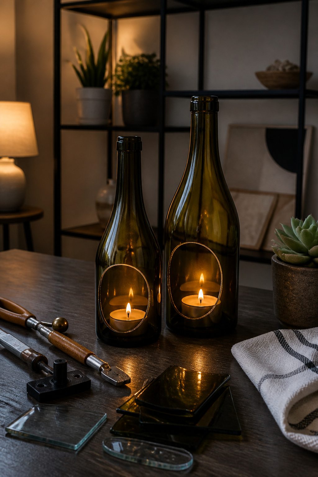 Candle holders made from glass bottles on a table.