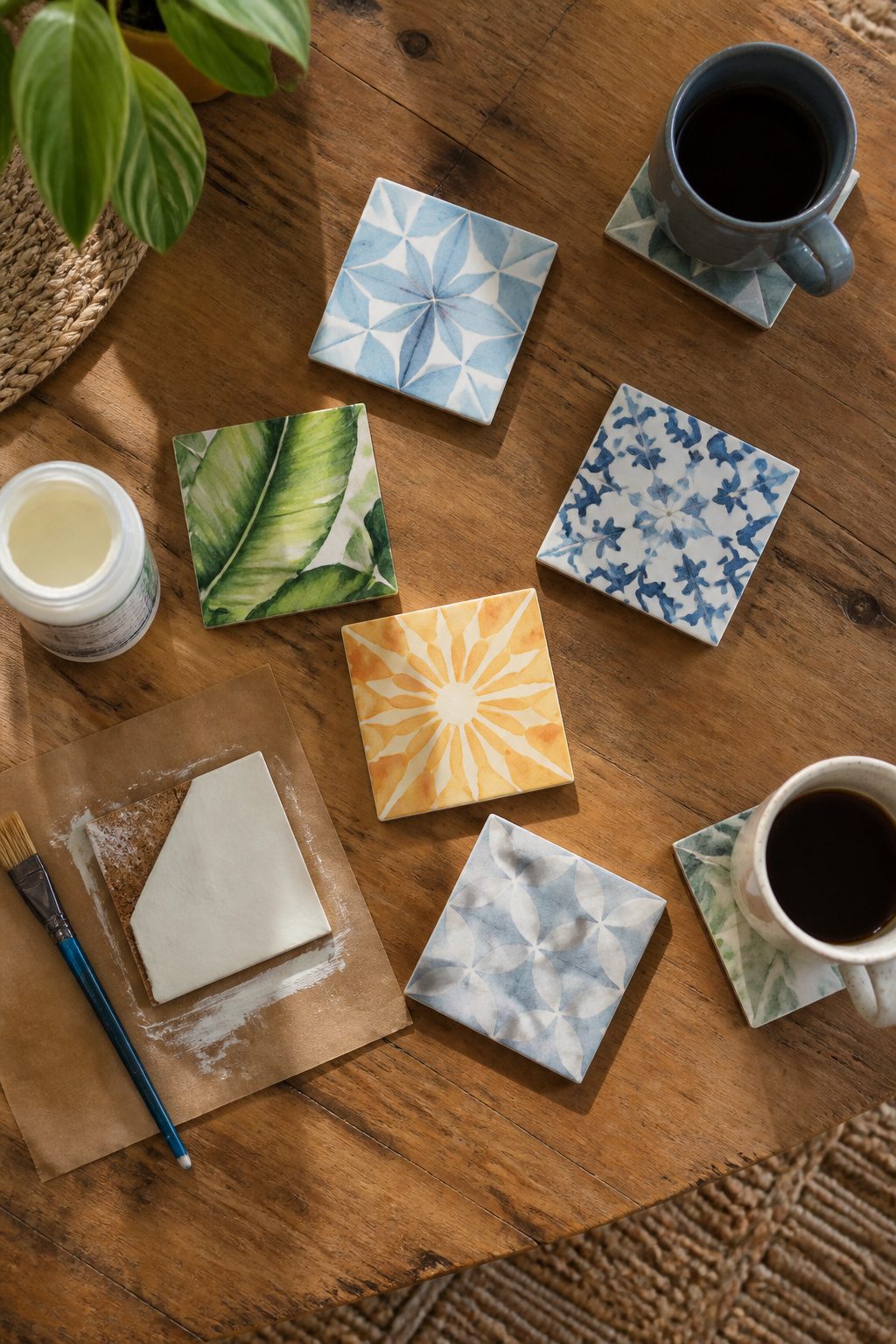 Tile coasters with cork backing on a table.