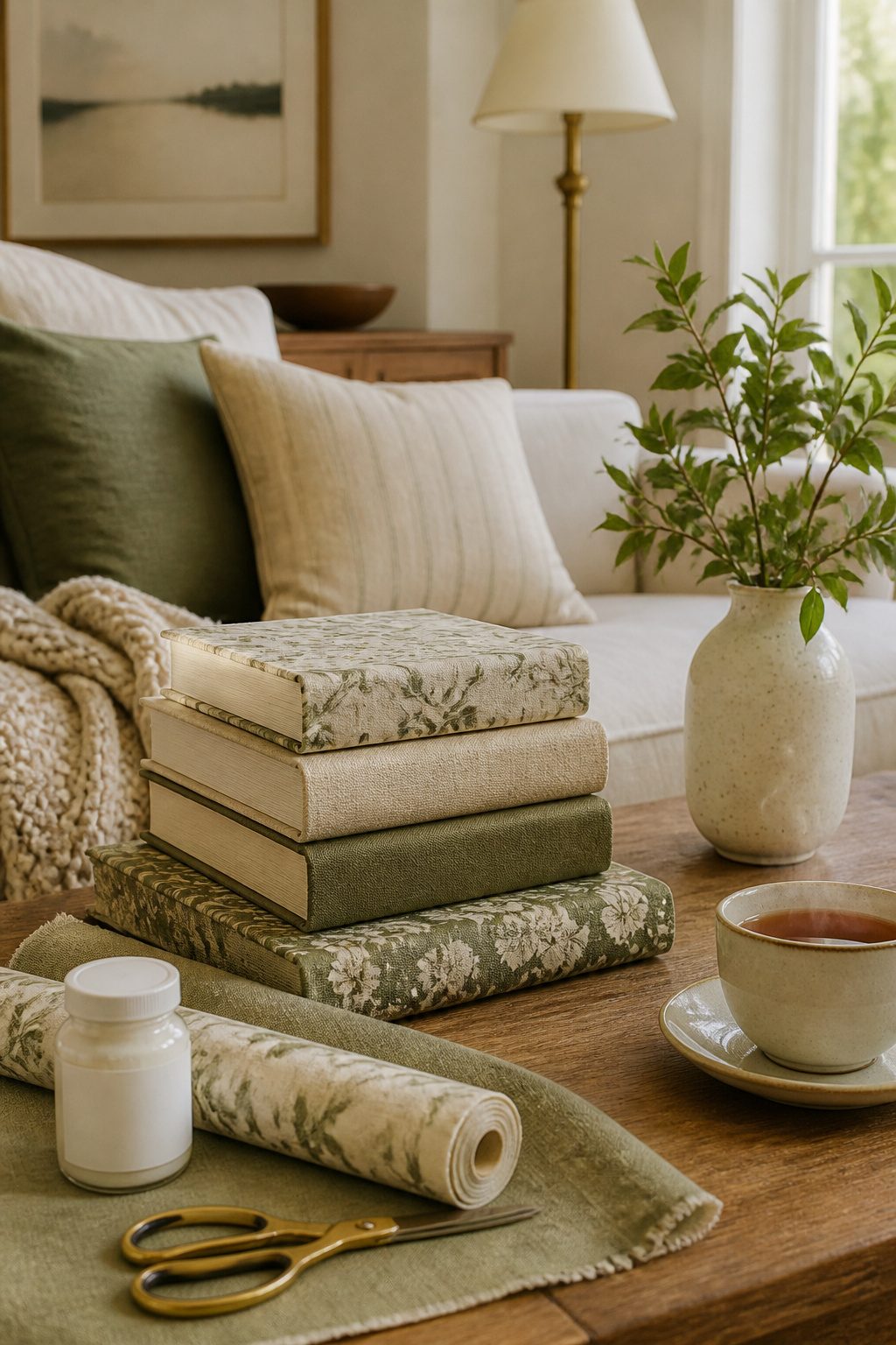 Books covered in fabric on a coffee table.