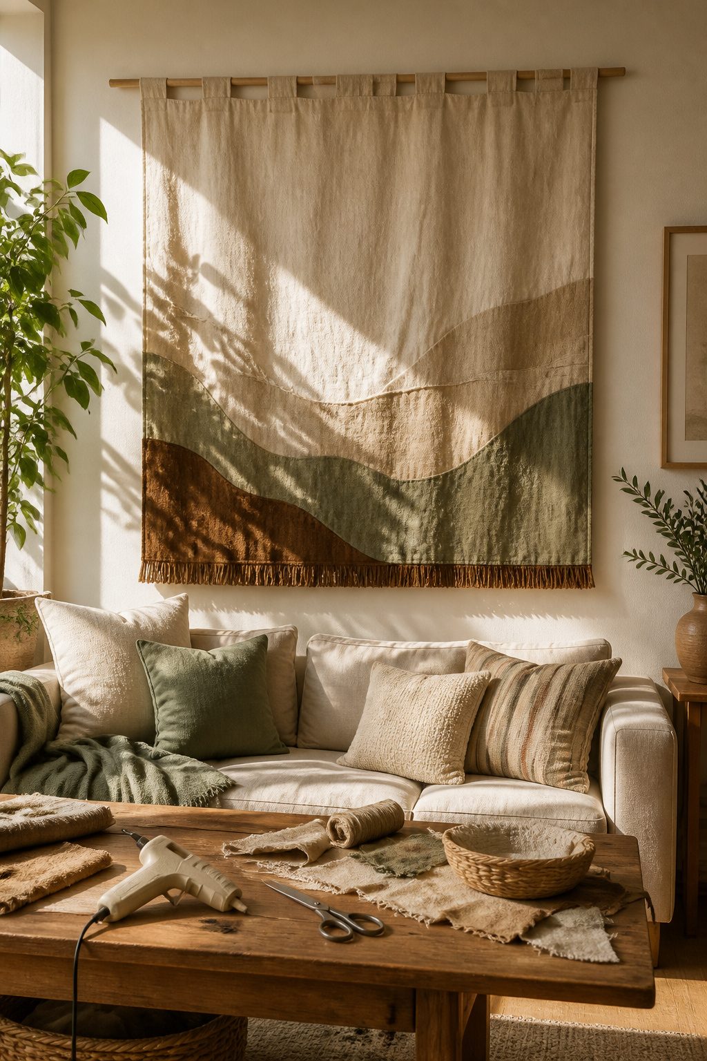 A fabric tapestry hanging above a sofa.