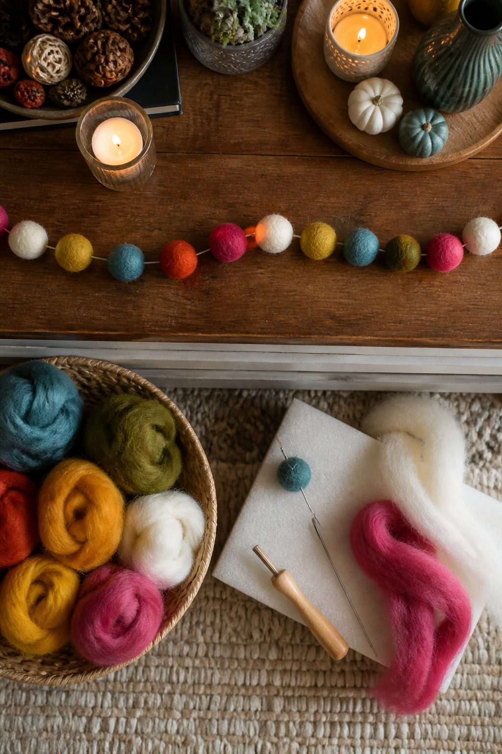 A garland made of colorful felt balls hanging.