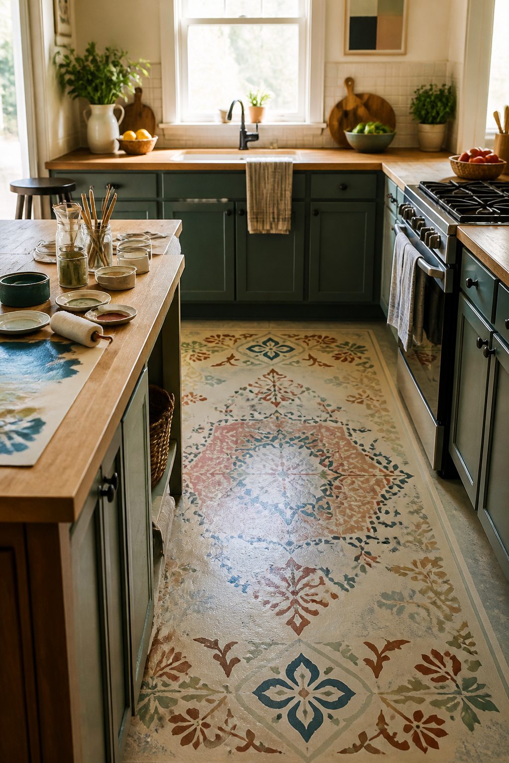 A painted vinyl floor cloth laid out on the floor.
