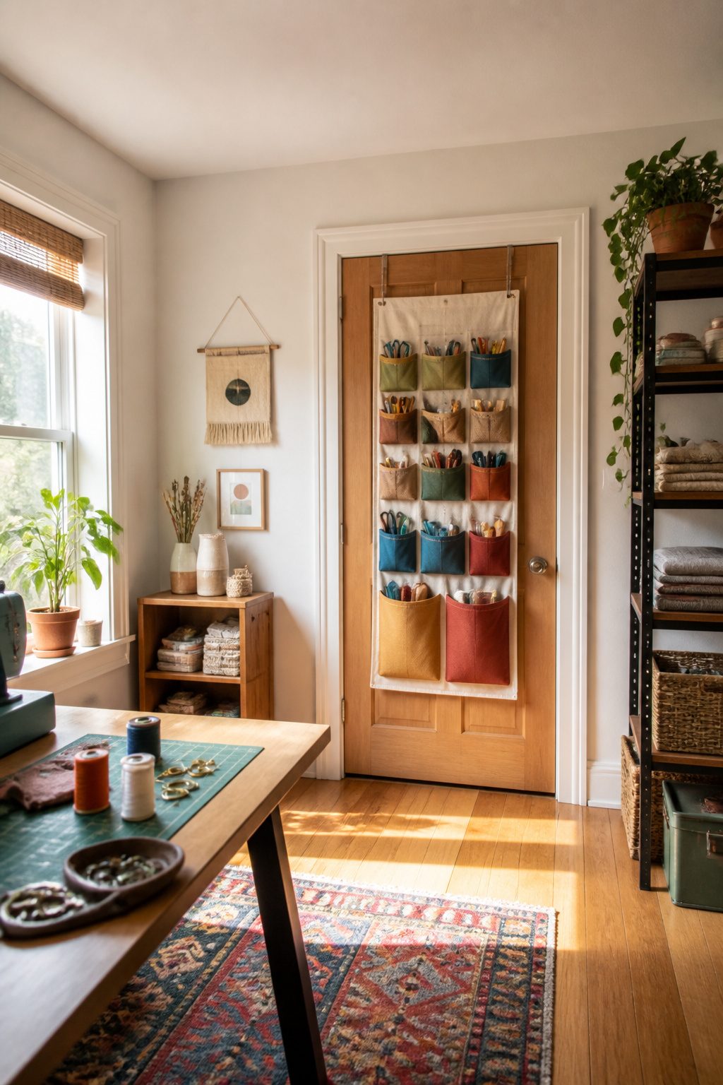 A hanging organizer made from canvas with pockets.