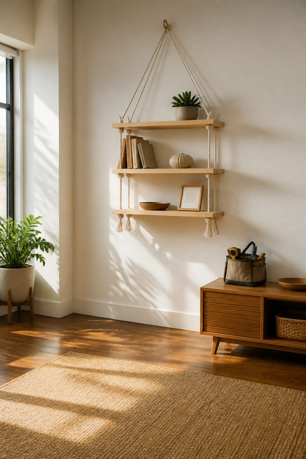 A hanging shelf made of wood and rope.