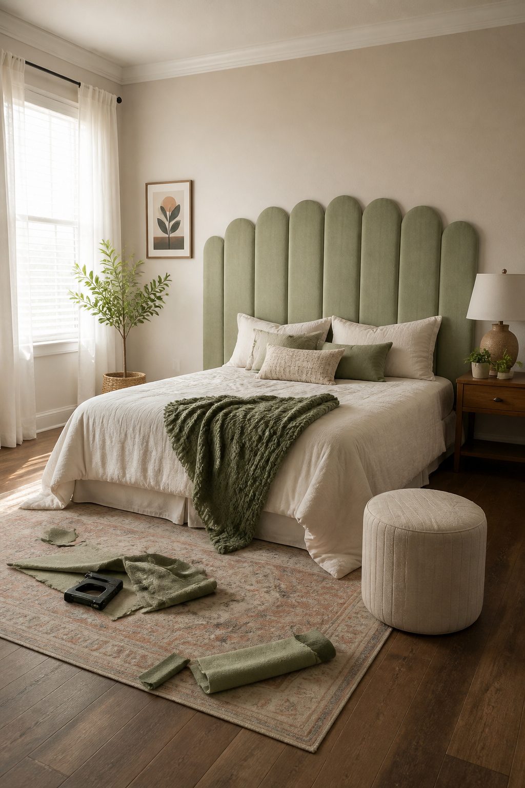 A headboard made from peel-and-stick foam panels.