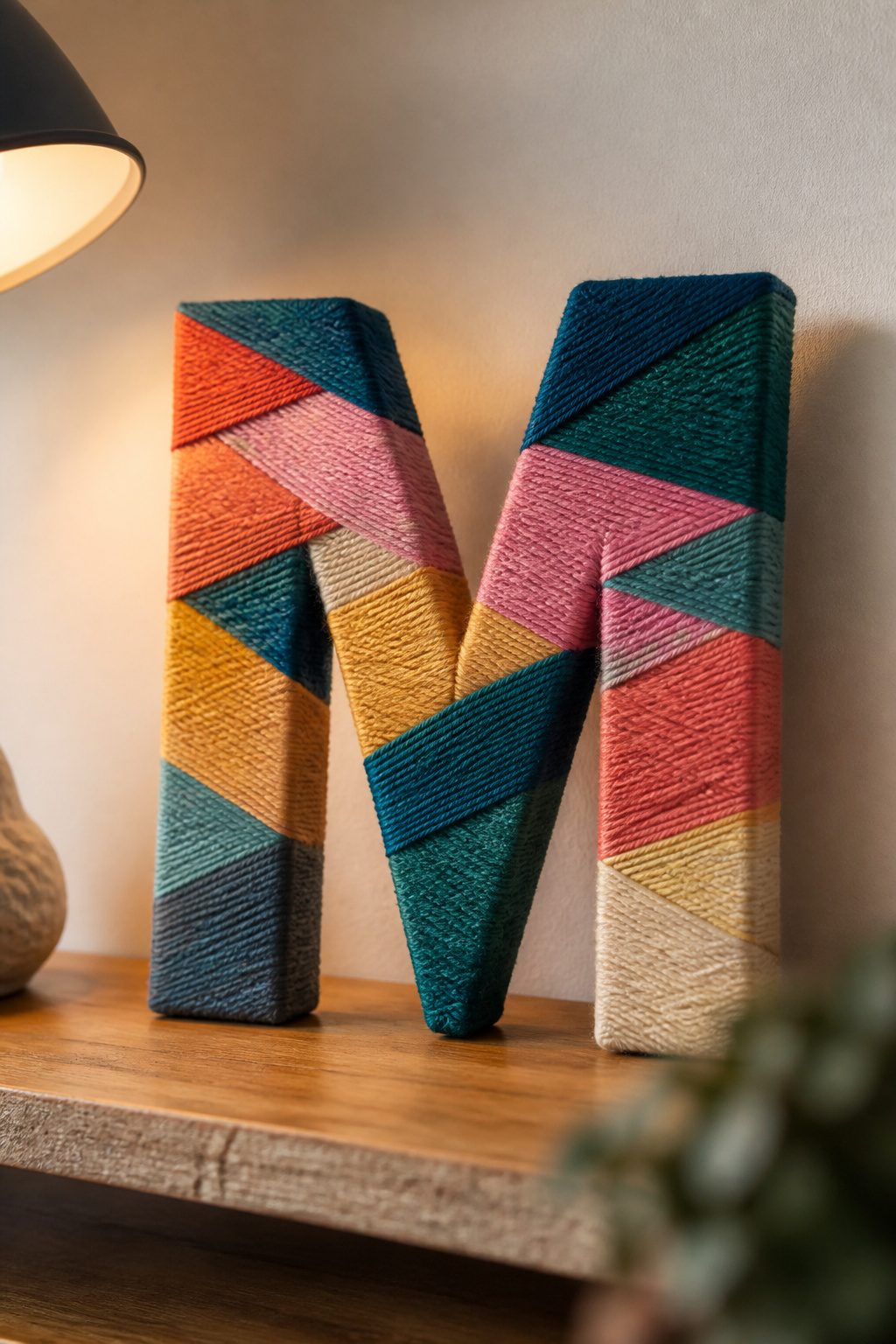 Cardboard letters wrapped in yarn for wall art.