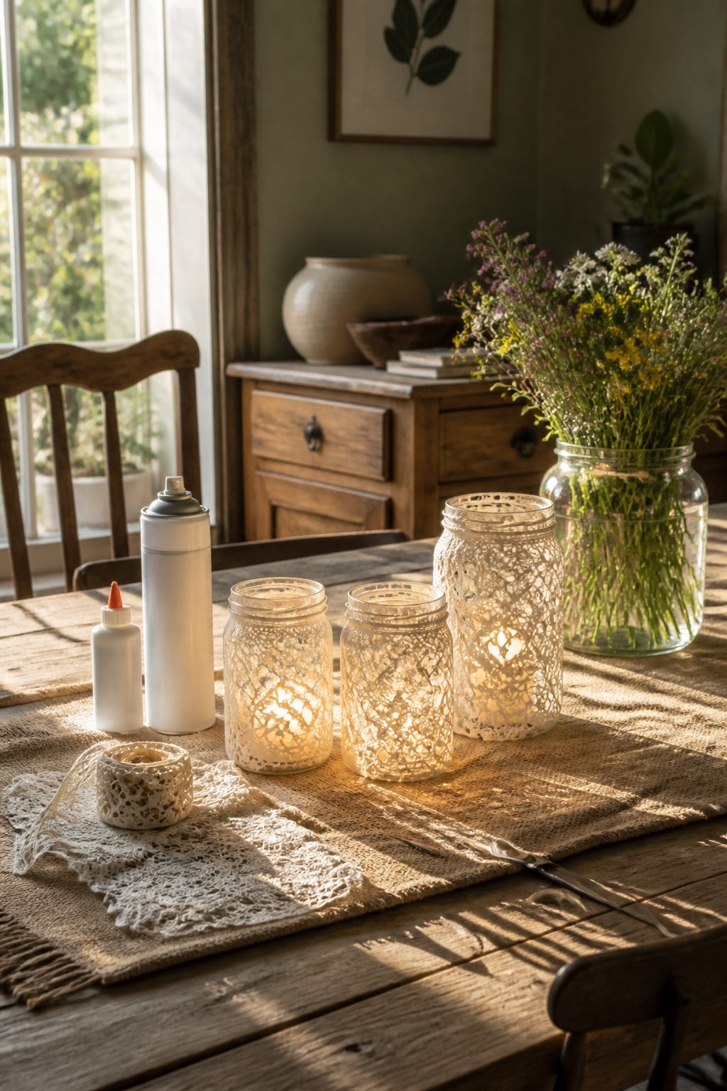 Lace-decorated mason jars with LED tea lights.
