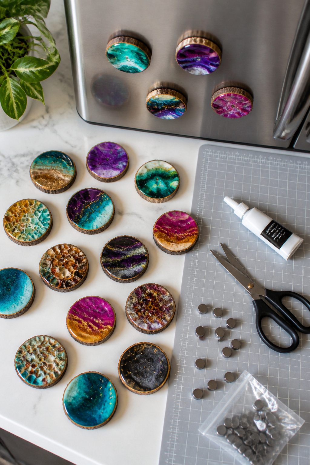 Homemade magnets on a refrigerator door.