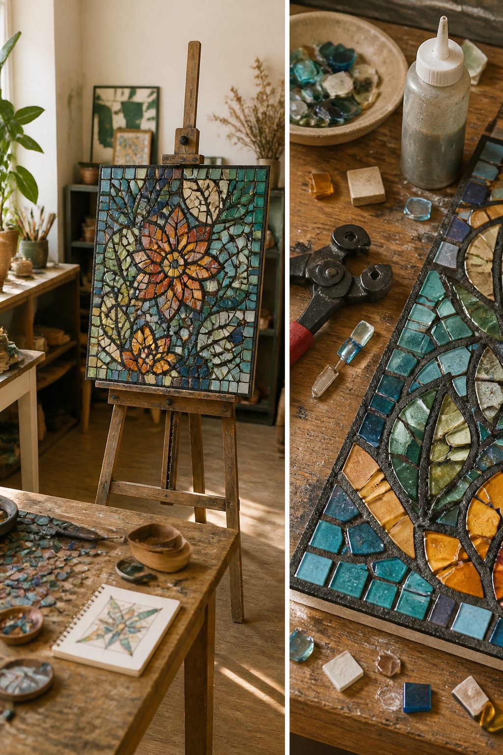 A mosaic art piece with various colored tiles.