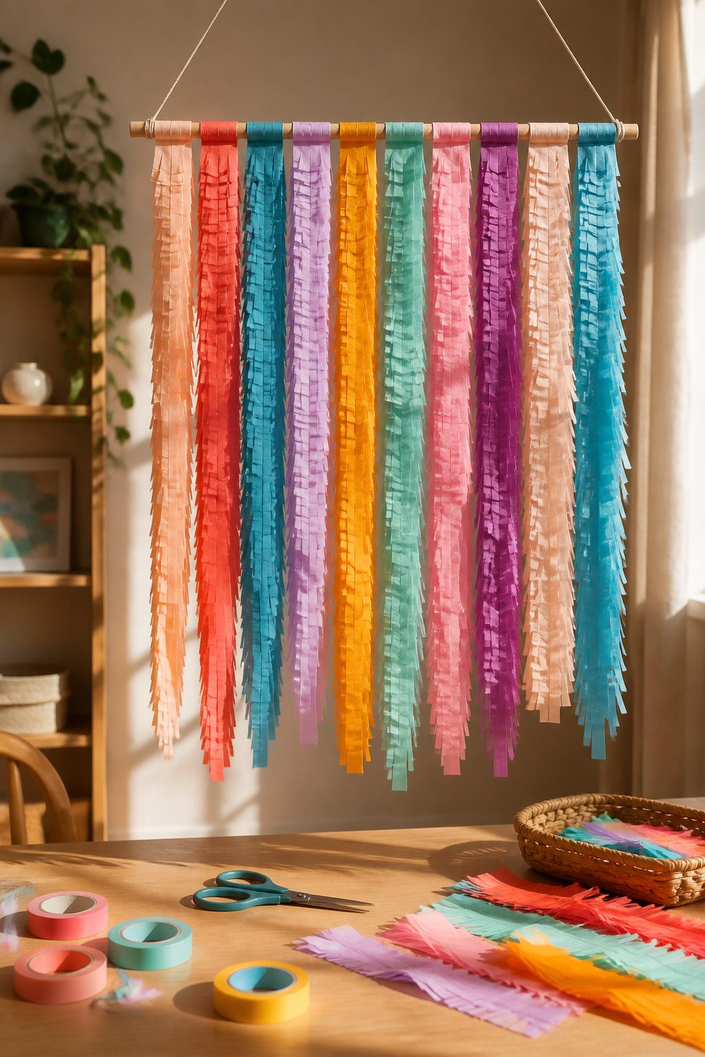 Crepe paper fringe hanging decoratively on a wall.