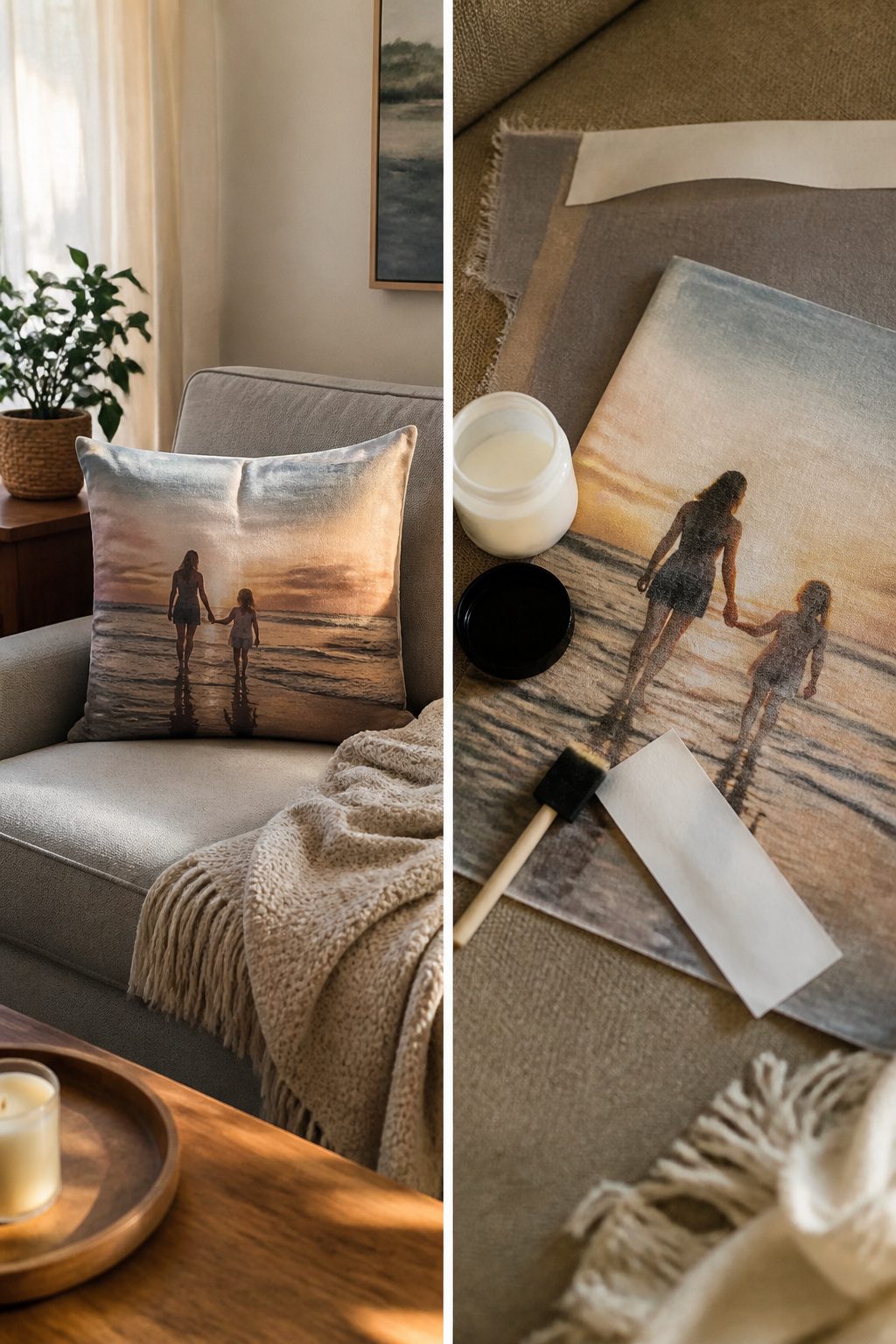 A throw pillow with a photo transfer design.