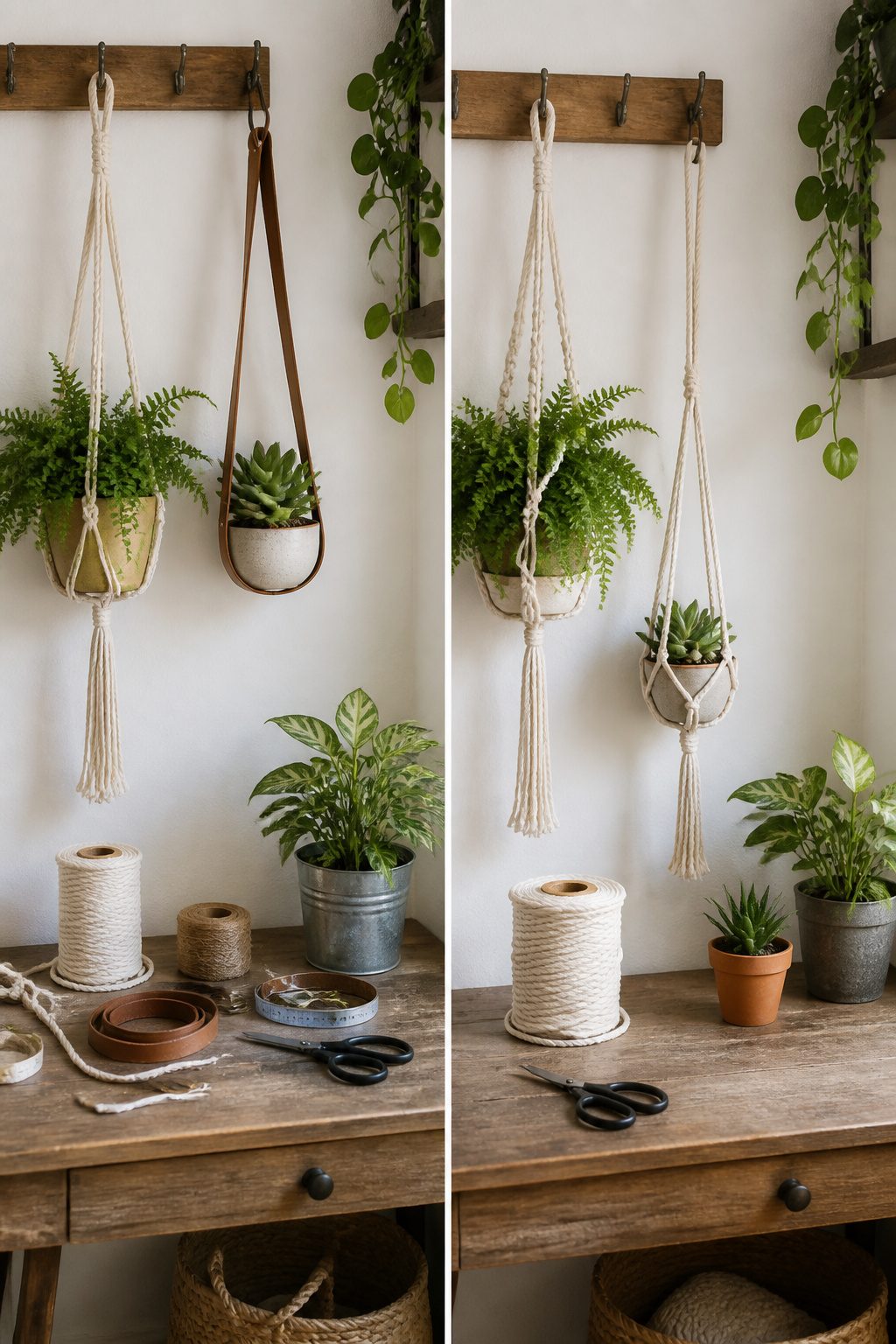 Various plant holders made from leather and macrame.