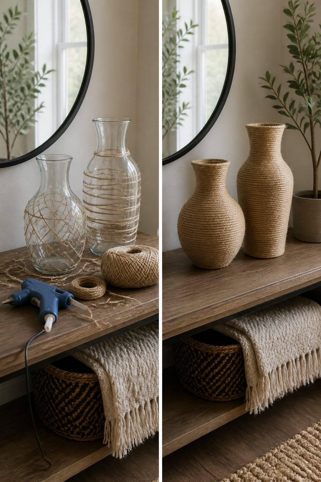 Vases wrapped in rope displayed on a shelf.