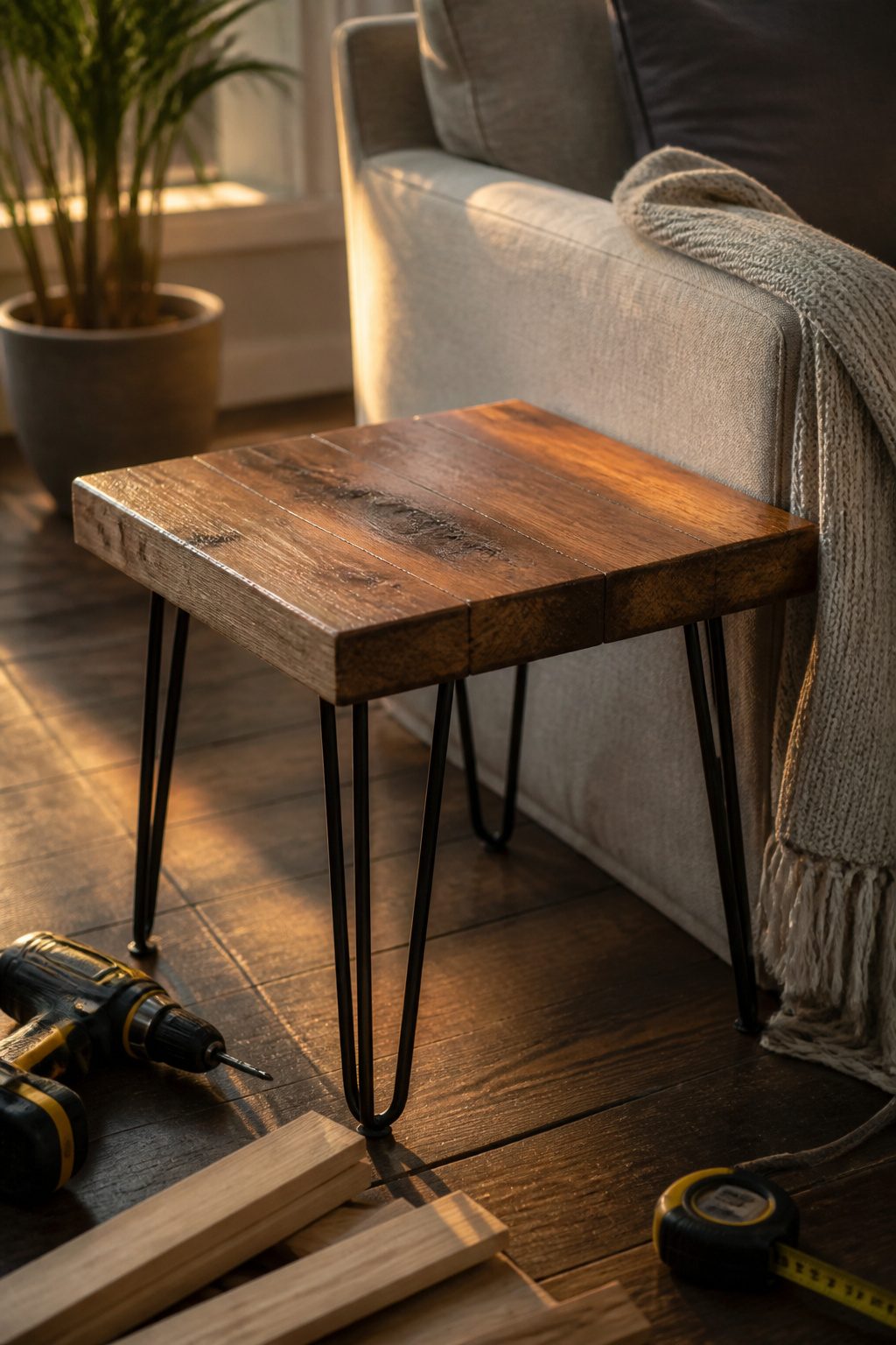A rustic end table made from lumber and hairpin legs.