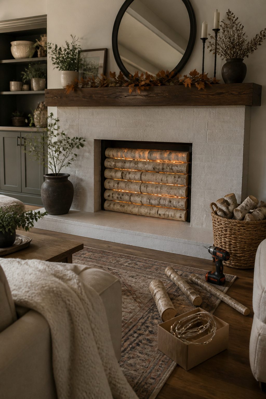 Stacked birch logs in a fireplace with LED lights.